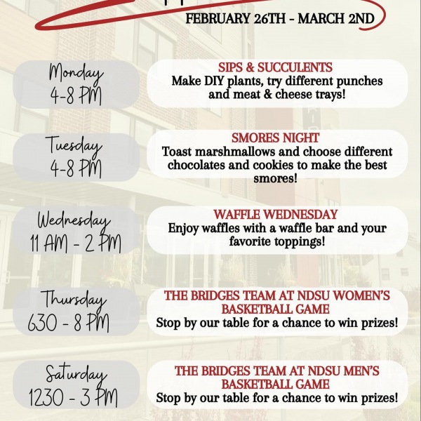 Mark your calendars, Resident Appreciation Week is right around the corner! 🗓️
Join us February 26th - March 2nd for some fun events! 
•
It will be the perfect time to chat with The Bridges team on your renewal before rates increase on March 1st. 
•
•
#StudentHousing #TheBridgesLife #NDSU #MSUM #CordMN #FargoMoorhead